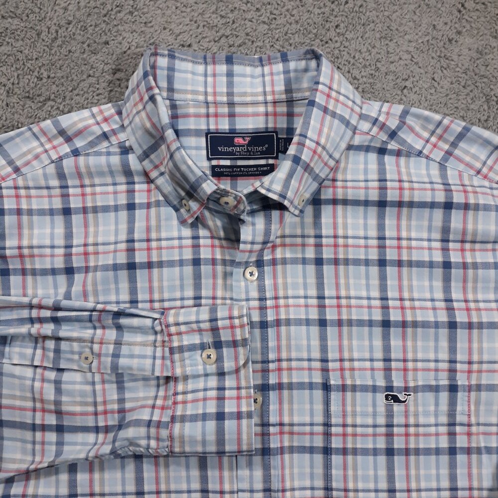 Vineyard‎ Vines Tucker Shirt Mens Large Classic Fit Blue Cotton Spandex Plaid